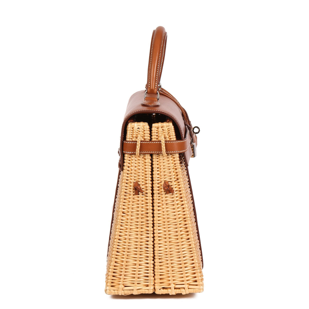 Top quality Hermes Barenia Leather & Wicker Kelly 35cm Picnic Top Handle Bag