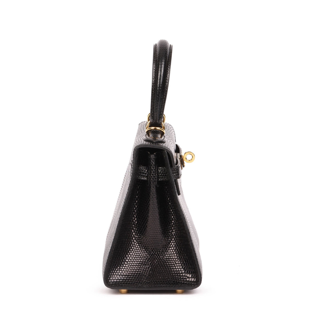 Premium Handmade Hermes Black Lizard Leather Vintage Kelly 20cm Sellier Shoulder Bag