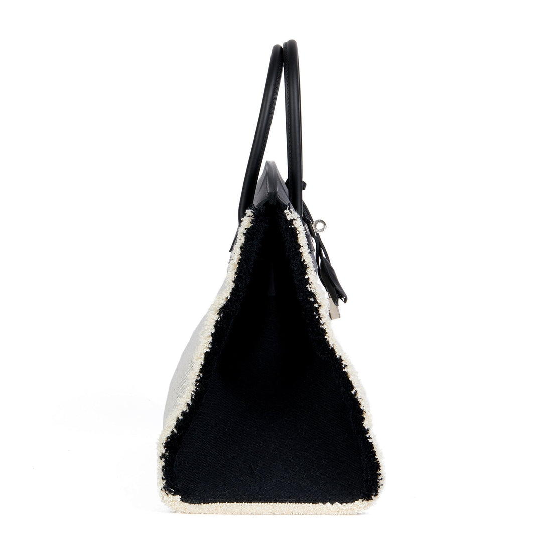 Premium Handmade Hermes Black Swift Leather & Canvas Fray Birkin 35cm Tote