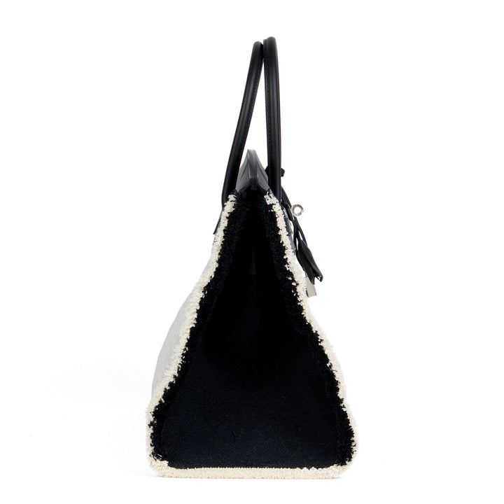 Premium Handmade Hermes Black Swift Leather & Canvas Fray Birkin 35cm Tote