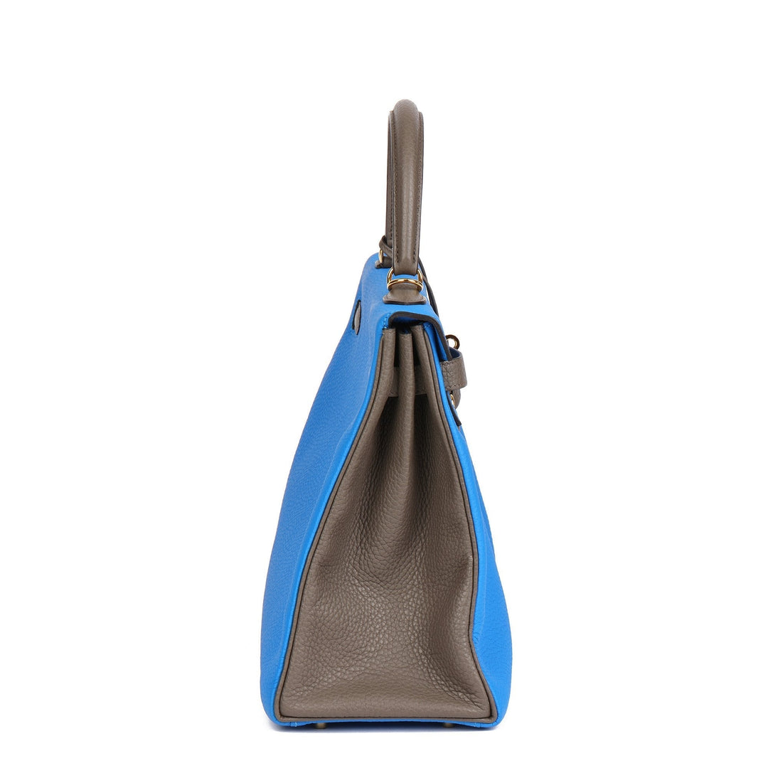 Top quality Hermes Blue Hydra & Etain Clemence Leather Special Order HSS Kelly 35cm Retourne Shoulder Bag