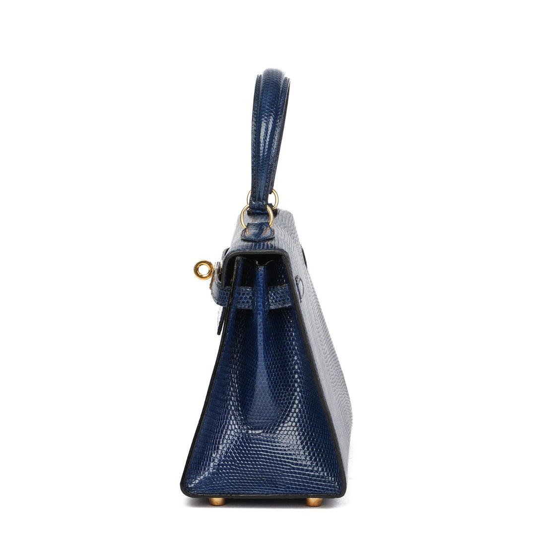 Premium Handmade Hermes Blue Saphir Lizard Leather Vintage Kelly 20cm Sellier Shoulder Bag