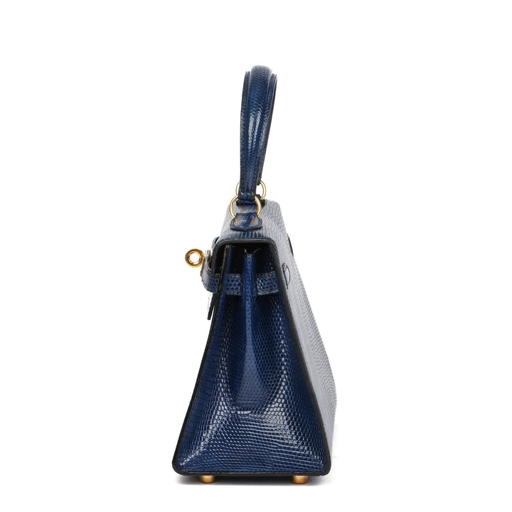 Premium Handmade Hermes Blue Saphir Lizard Leather Vintage Kelly 20cm Sellier Shoulder Bag