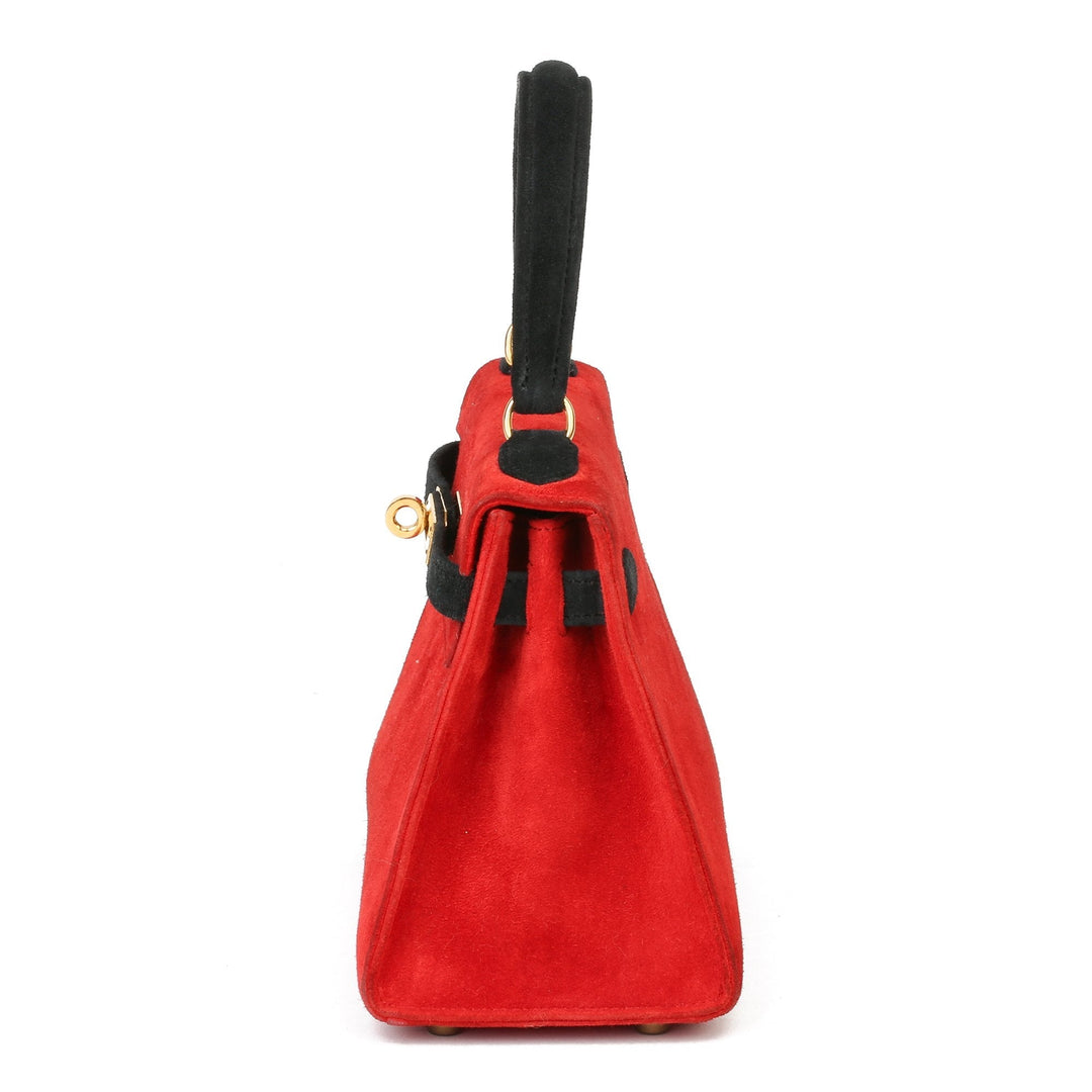 Top quality Hermes Rouge Vif & Black Veau Doblis Suede Vintage Kelly 20cm Sellier Shoulder Bag