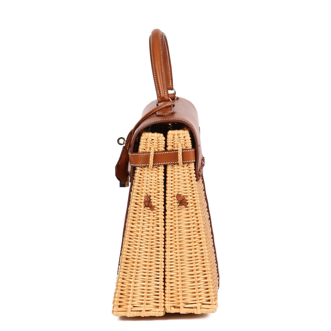 Top quality Hermes Barenia Leather & Wicker Kelly 35cm Picnic Top Handle Bag