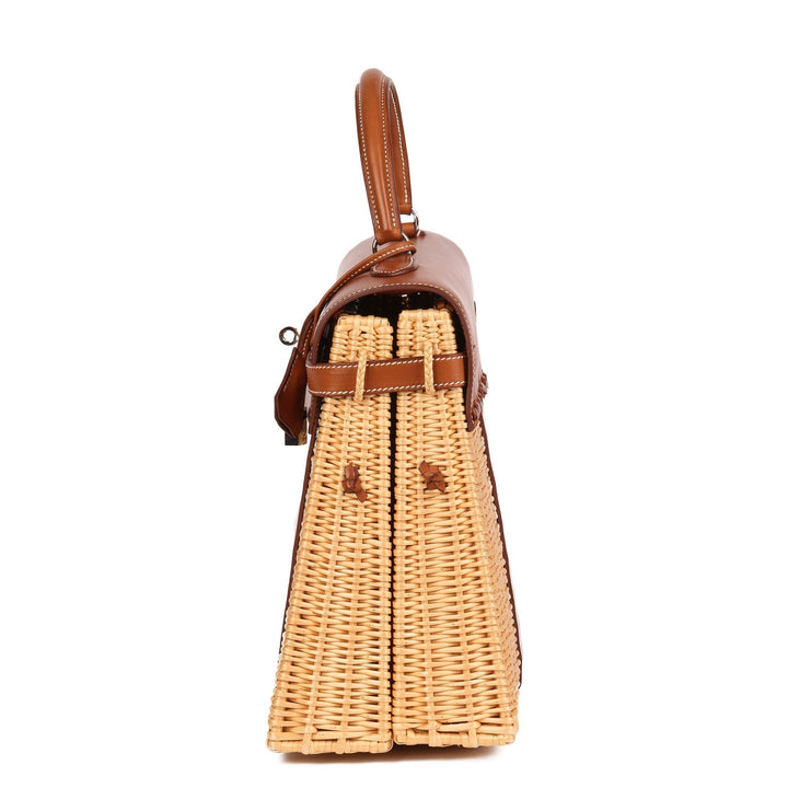 Top quality Hermes Barenia Leather & Wicker Kelly 35cm Picnic Top Handle Bag