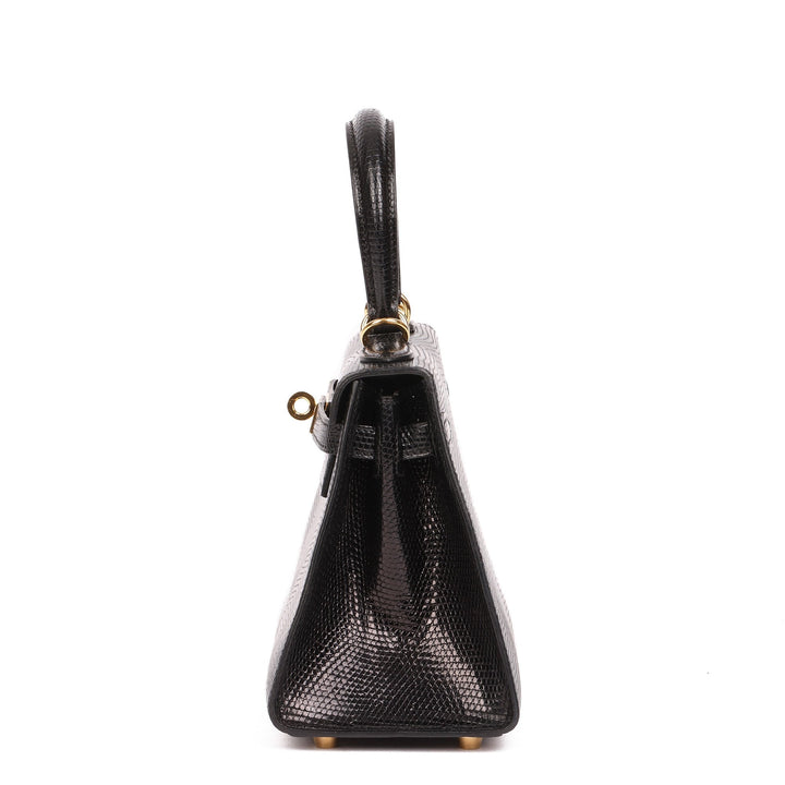 Hermes Black Lizard Leather Vintage Kelly 20cm Sellier Shoulder Bag