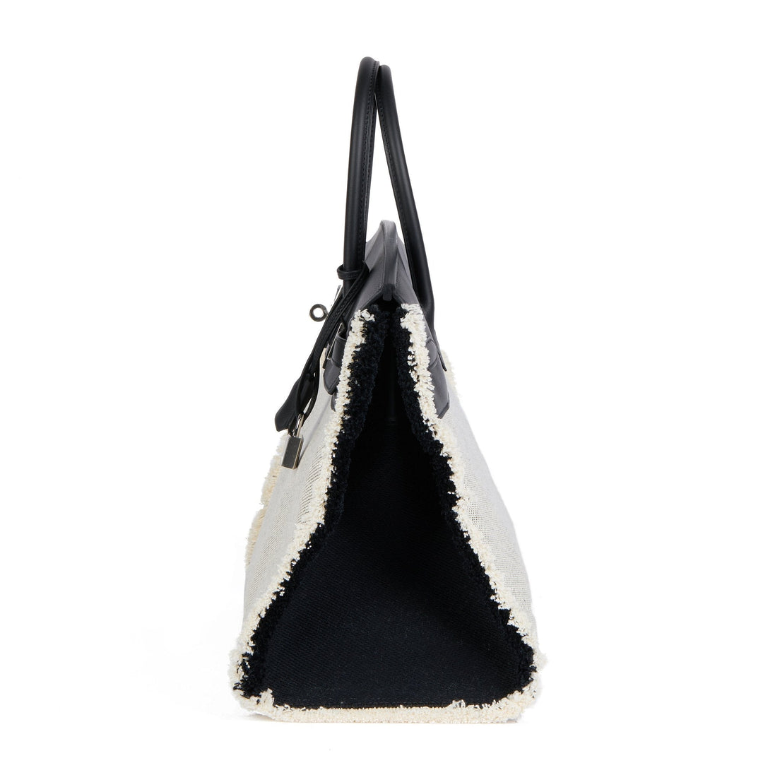 Premium Handmade Hermes Black Swift Leather & Canvas Fray Birkin 35cm Tote