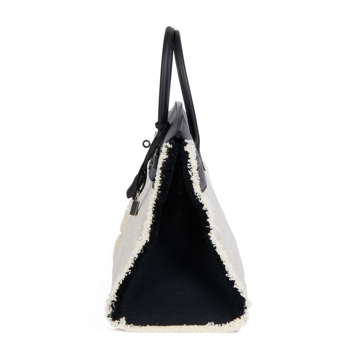 Premium Handmade Hermes Black Swift Leather & Canvas Fray Birkin 35cm Tote