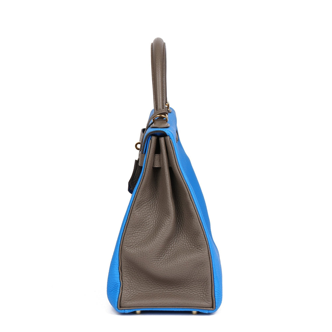 Top quality Hermes Blue Hydra & Etain Clemence Leather Special Order HSS Kelly 35cm Retourne Shoulder Bag