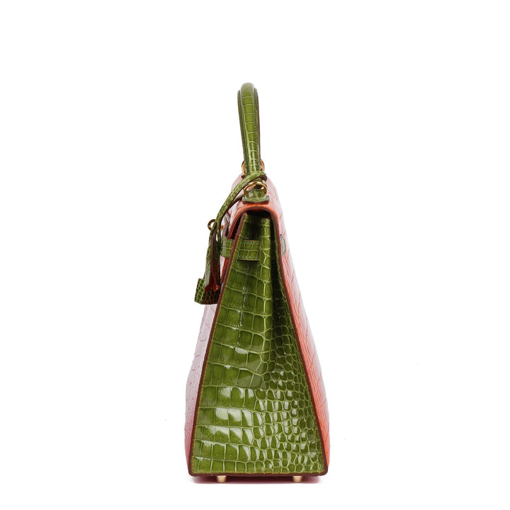Premium Handmade Hermes Braise, Tangerine & Vert Anis Shiny Porosus Crocodile Leather Special Order HSS Kelly 32cm Sellier Shoulder Bag