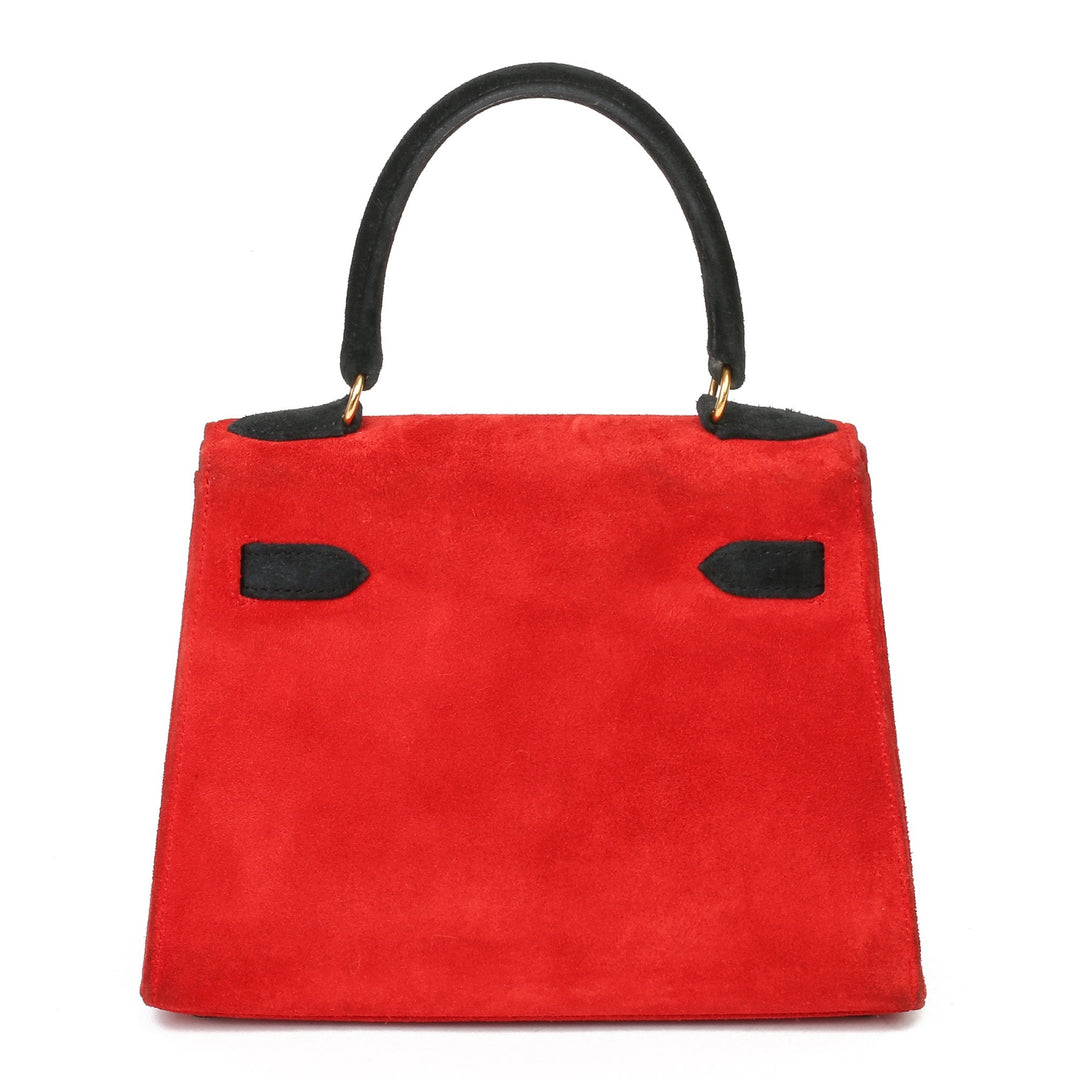 Top quality Hermes Rouge Vif & Black Veau Doblis Suede Vintage Kelly 20cm Sellier Shoulder Bag