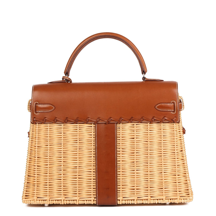 Top quality Hermes Barenia Leather & Wicker Kelly 35cm Picnic Top Handle Bag