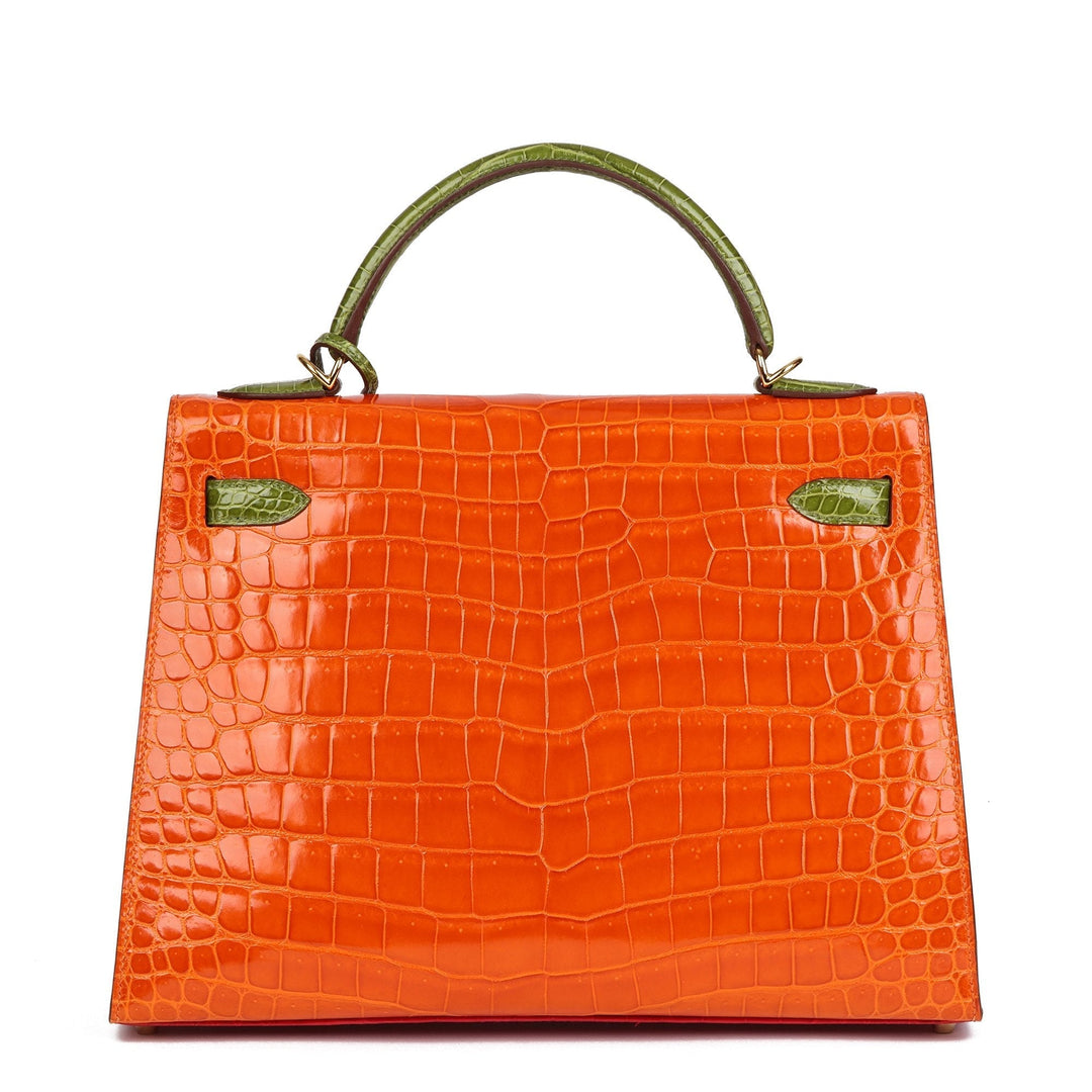 Premium Handmade Hermes Braise, Tangerine & Vert Anis Shiny Porosus Crocodile Leather Special Order HSS Kelly 32cm Sellier Shoulder Bag