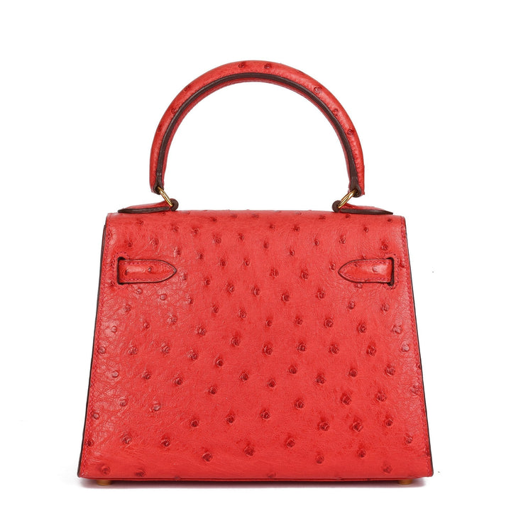 Top quality Hermes Rouge Vif Ostrich Leather Kelly 20cm Sellier Shoulder Bag