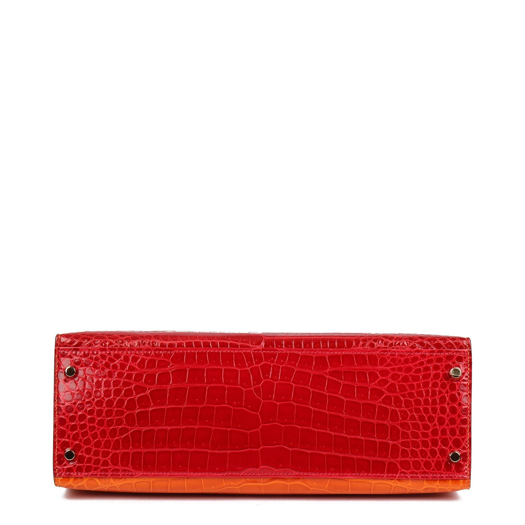 Premium Handmade Hermes Braise, Tangerine & Vert Anis Shiny Porosus Crocodile Leather Special Order HSS Kelly 32cm Sellier Shoulder Bag