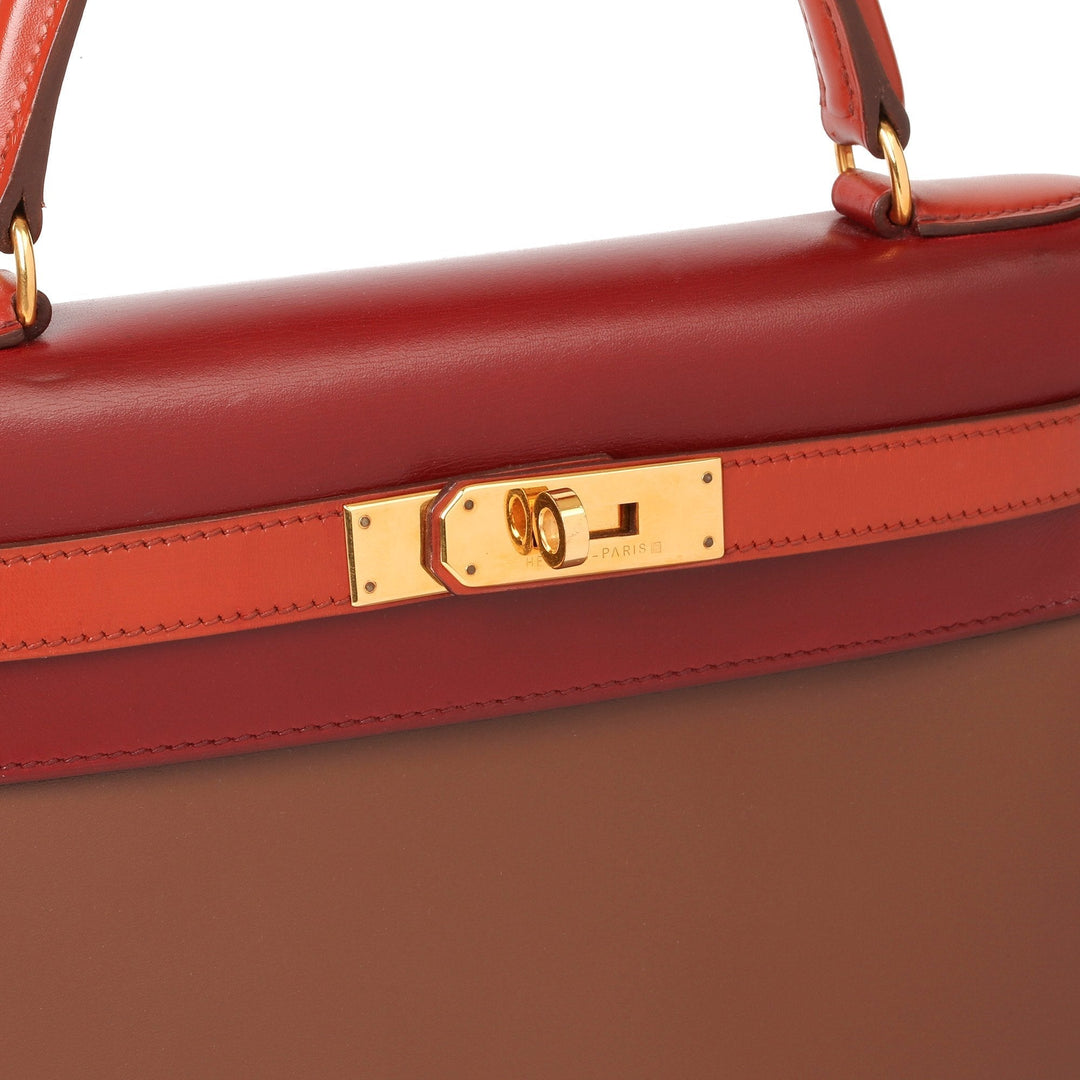 Top quality Hermes Brique, Rouge H & Chocolate Box Calf Leather Vintage Kelly 28cm Sellier Shoulder Bag
