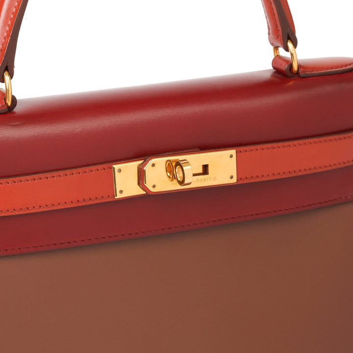 Top quality Hermes Brique, Rouge H & Chocolate Box Calf Leather Vintage Kelly 28cm Sellier Shoulder Bag
