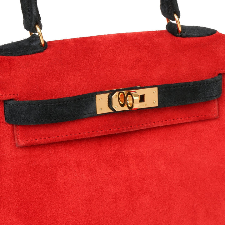 Top quality Hermes Rouge Vif & Black Veau Doblis Suede Vintage Kelly 20cm Sellier Shoulder Bag