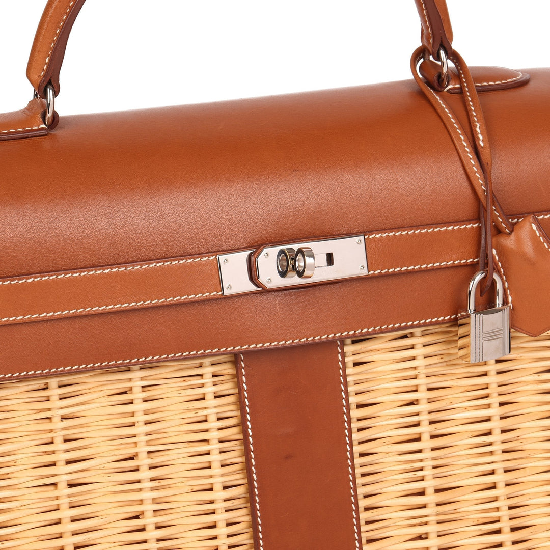 Top quality Hermes Barenia Leather & Wicker Kelly 35cm Picnic Top Handle Bag