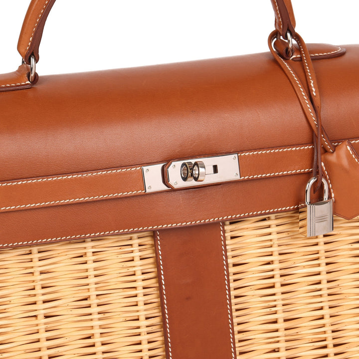 Top quality Hermes Barenia Leather & Wicker Kelly 35cm Picnic Top Handle Bag