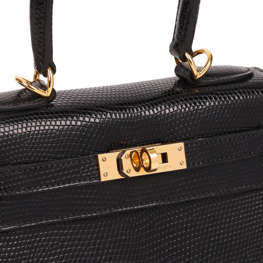 Hermes Black Lizard Leather Vintage Kelly 20cm Sellier Shoulder Bag