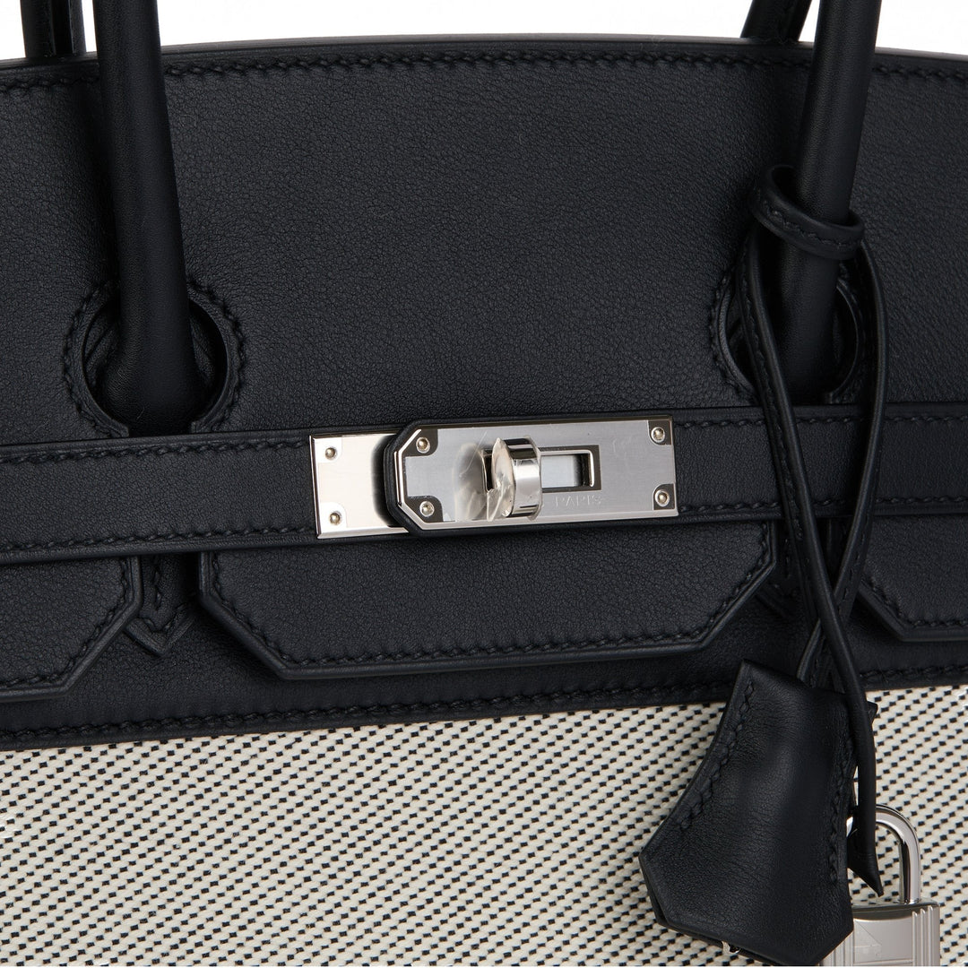 Premium Handmade Hermes Black Swift Leather & Canvas Fray Birkin 35cm Tote
