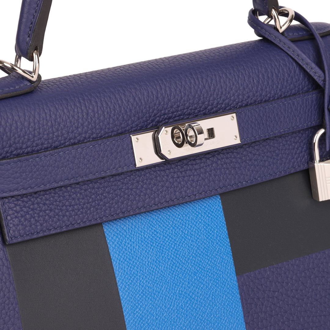 Top quality Hermes Blue Encre, Blue Zellige, Black, Vert Cypress, Clemence, Epsom & Sombrero Leather Kellygraphie Lettre E Kelly 28cm Sellier Shoulder Bag