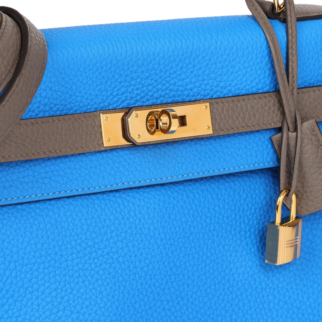 Top quality Hermes Blue Hydra & Etain Clemence Leather Special Order HSS Kelly 35cm Retourne Shoulder Bag