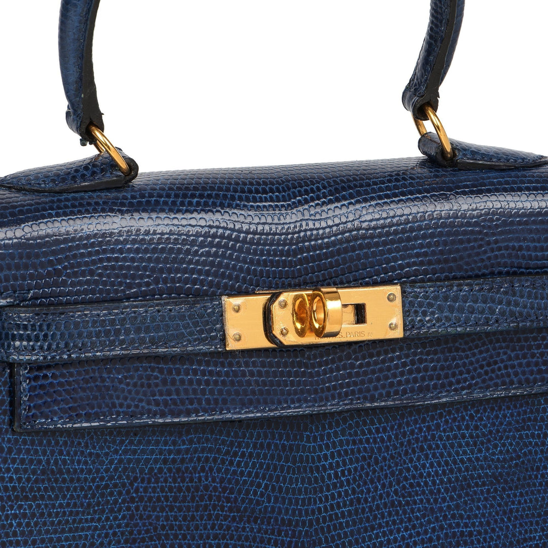 Premium Handmade Hermes Blue Saphir Lizard Leather Vintage Kelly 20cm Sellier Shoulder Bag