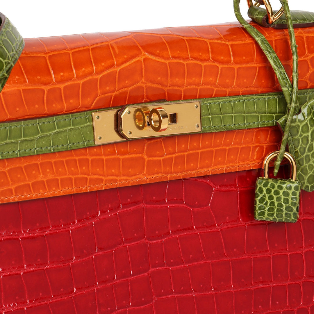 Premium Handmade Hermes Braise, Tangerine & Vert Anis Shiny Porosus Crocodile Leather Special Order HSS Kelly 32cm Sellier Shoulder Bag