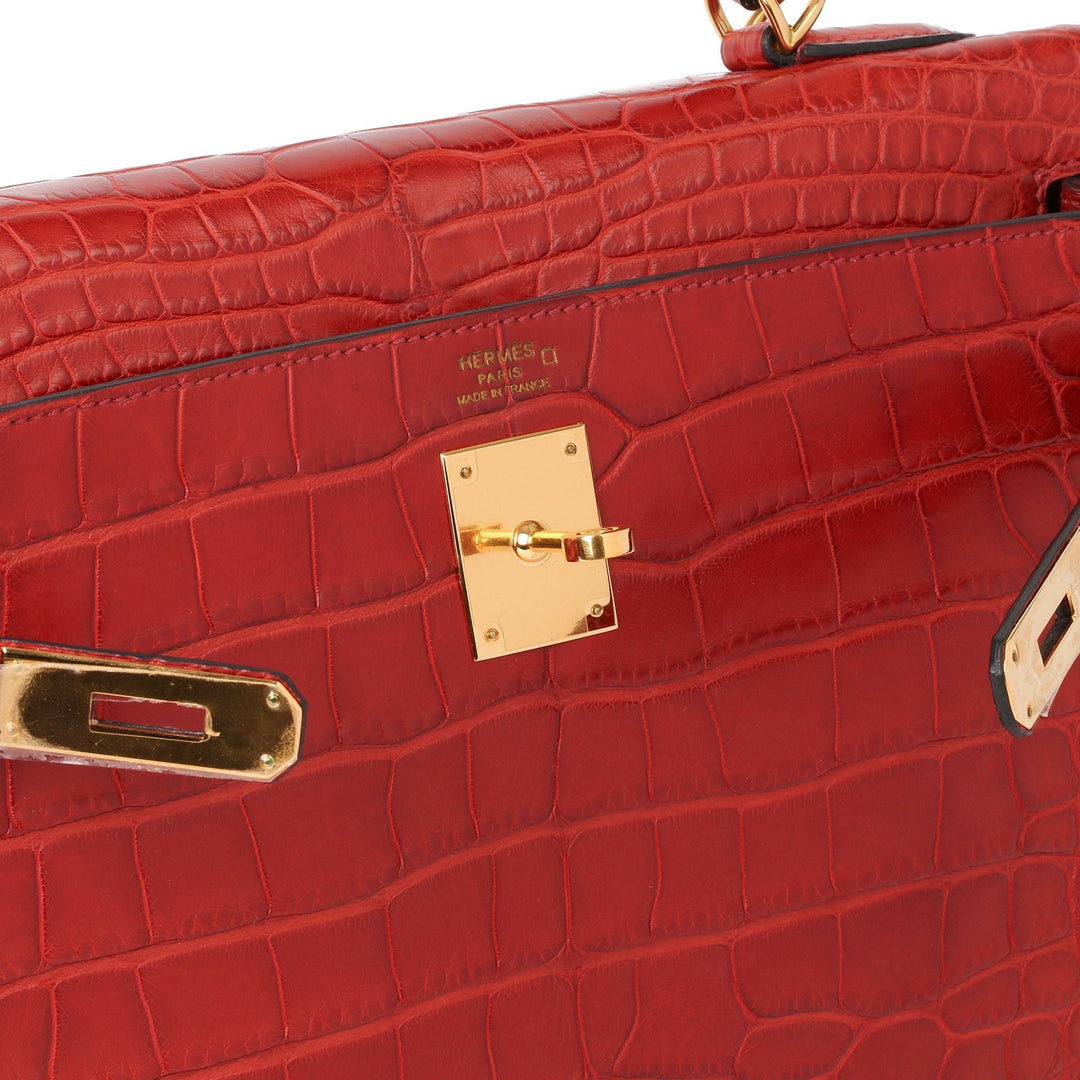 Top quality Hermes Rouge H Matte Mississippiensis Alligator Leather Kelly 32cm Retourne Shoulder Bag