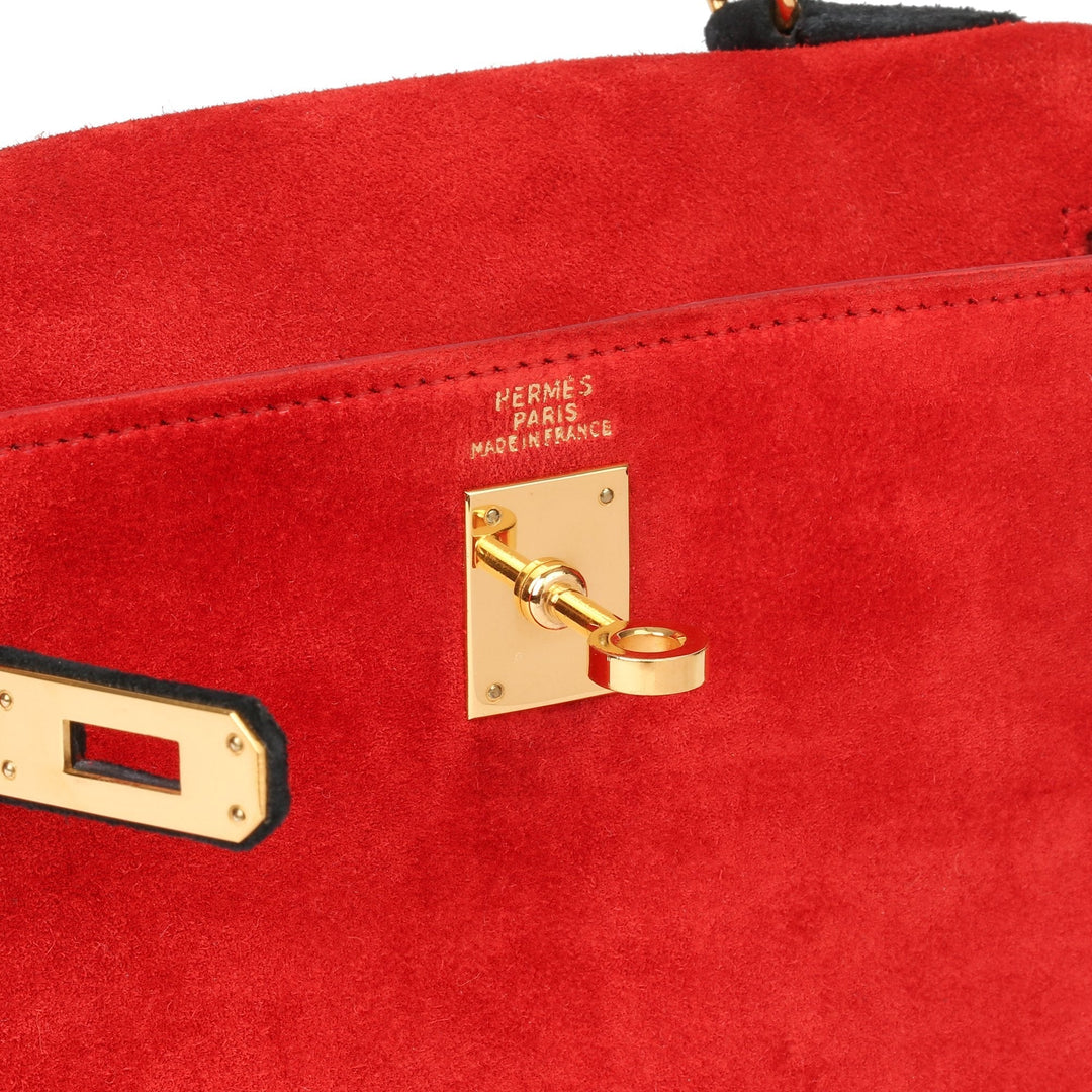 Top quality Hermes Rouge Vif & Black Veau Doblis Suede Vintage Kelly 20cm Sellier Shoulder Bag