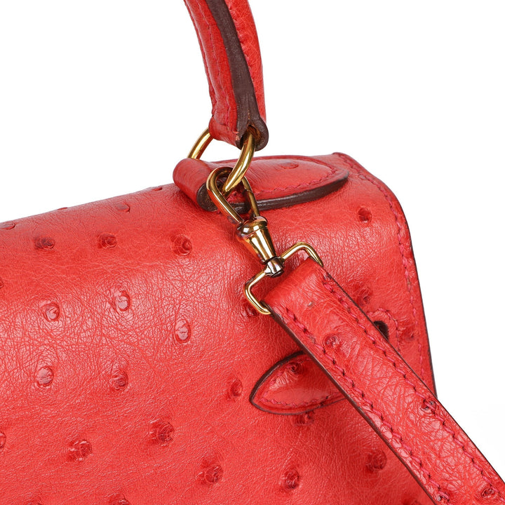 Top quality Hermes Rouge Vif Ostrich Leather Kelly 20cm Sellier Shoulder Bag
