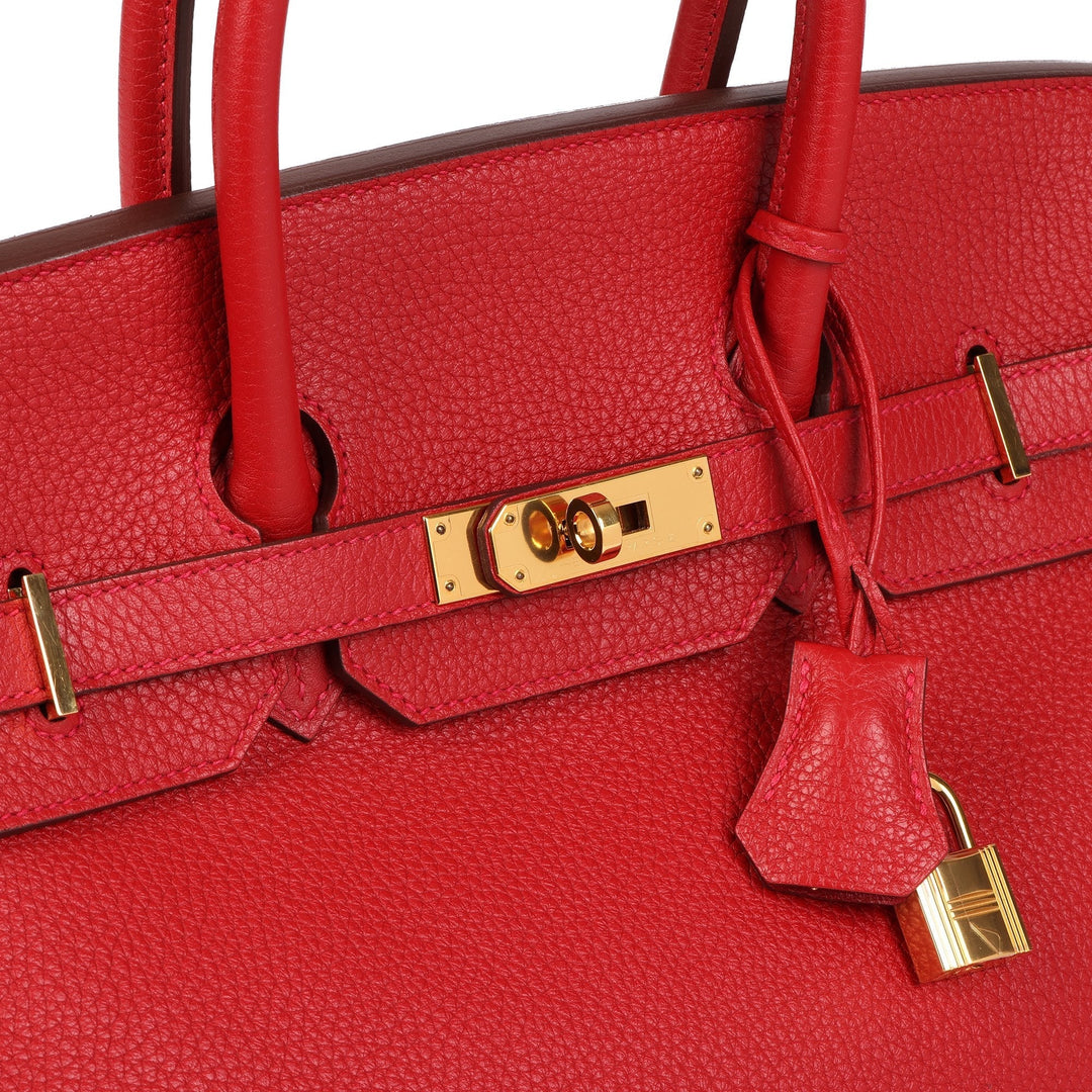 Premium Handmade Hermes Vermillion Clemence Leather Birkin 35cm Retourne Tote