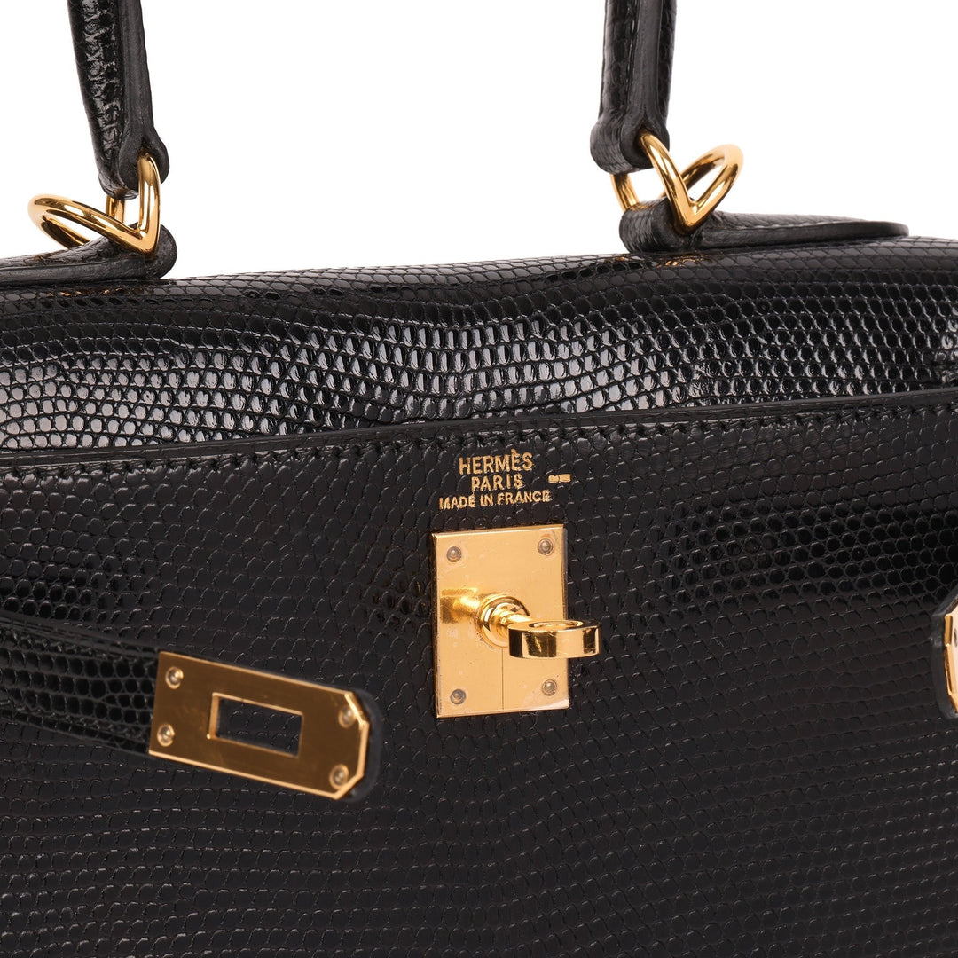 Hermes Black Lizard Leather Vintage Kelly 20cm Sellier Shoulder Bag