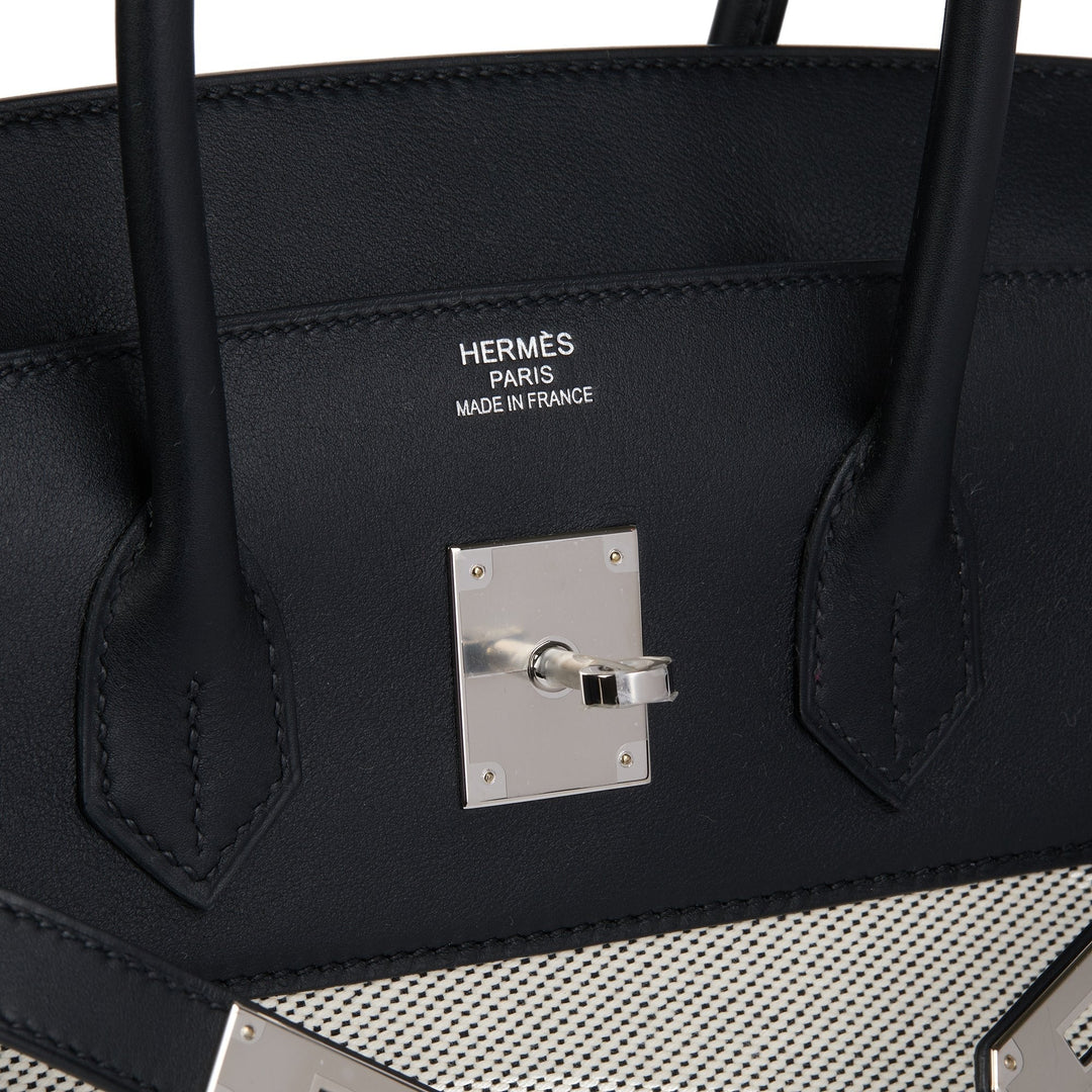 Premium Handmade Hermes Black Swift Leather & Canvas Fray Birkin 35cm Tote