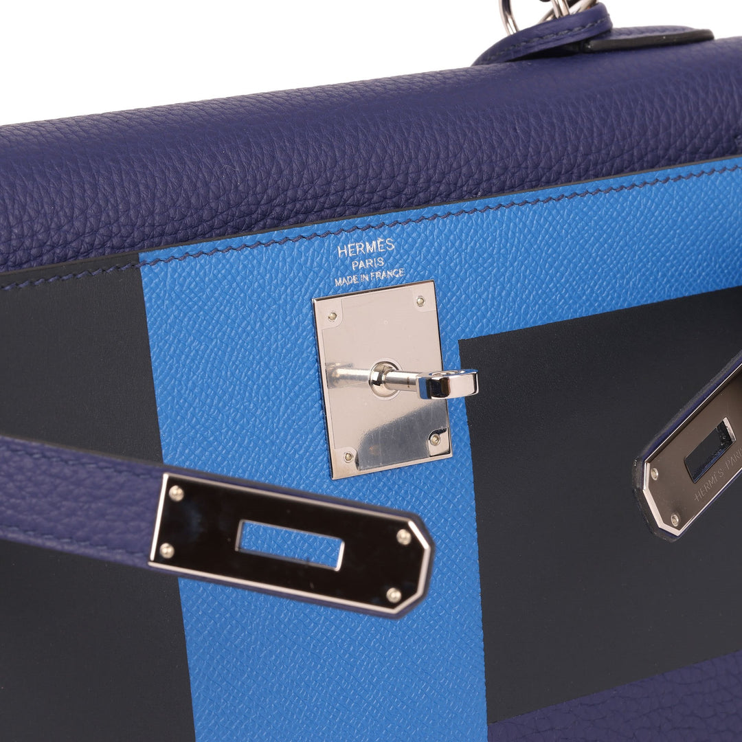 Top quality Hermes Blue Encre, Blue Zellige, Black, Vert Cypress, Clemence, Epsom & Sombrero Leather Kellygraphie Lettre E Kelly 28cm Sellier Shoulder Bag