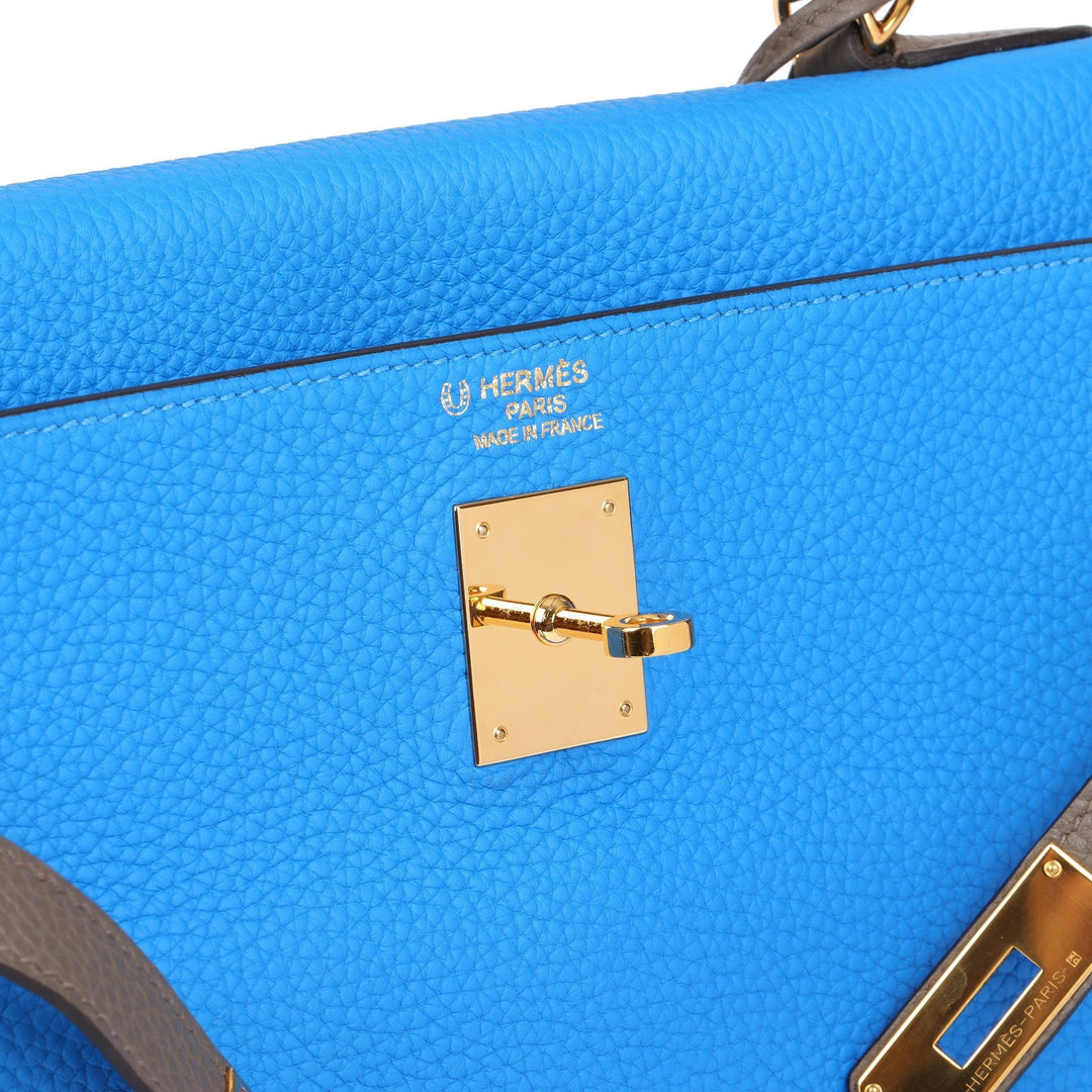 Top quality Hermes Blue Hydra & Etain Clemence Leather Special Order HSS Kelly 35cm Retourne Shoulder Bag