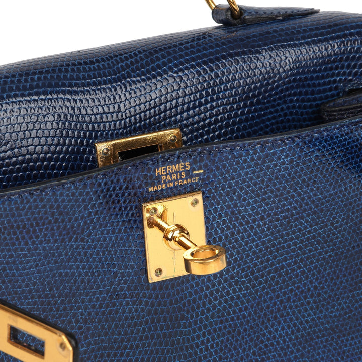 Premium Handmade Hermes Blue Saphir Lizard Leather Vintage Kelly 20cm Sellier Shoulder Bag