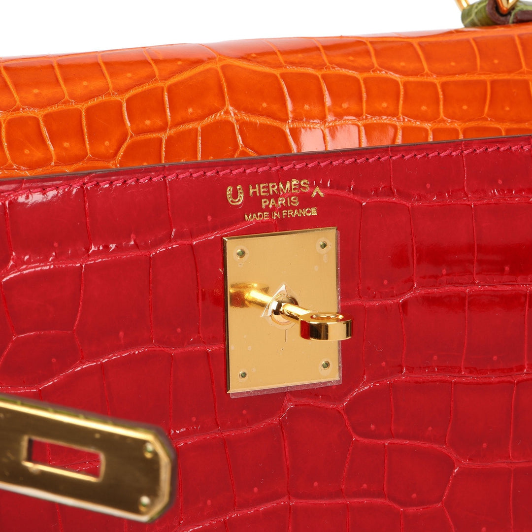 Premium Handmade Hermes Braise, Tangerine & Vert Anis Shiny Porosus Crocodile Leather Special Order HSS Kelly 32cm Sellier Shoulder Bag