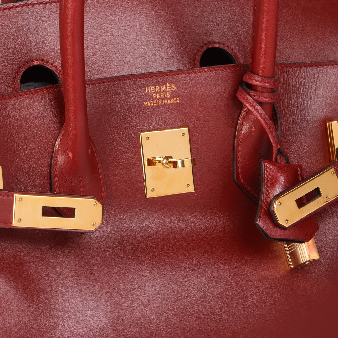 Top quality Hermes Rouge Vif Box Calf Leather Vintage Birkin 35cm Retourne Tote