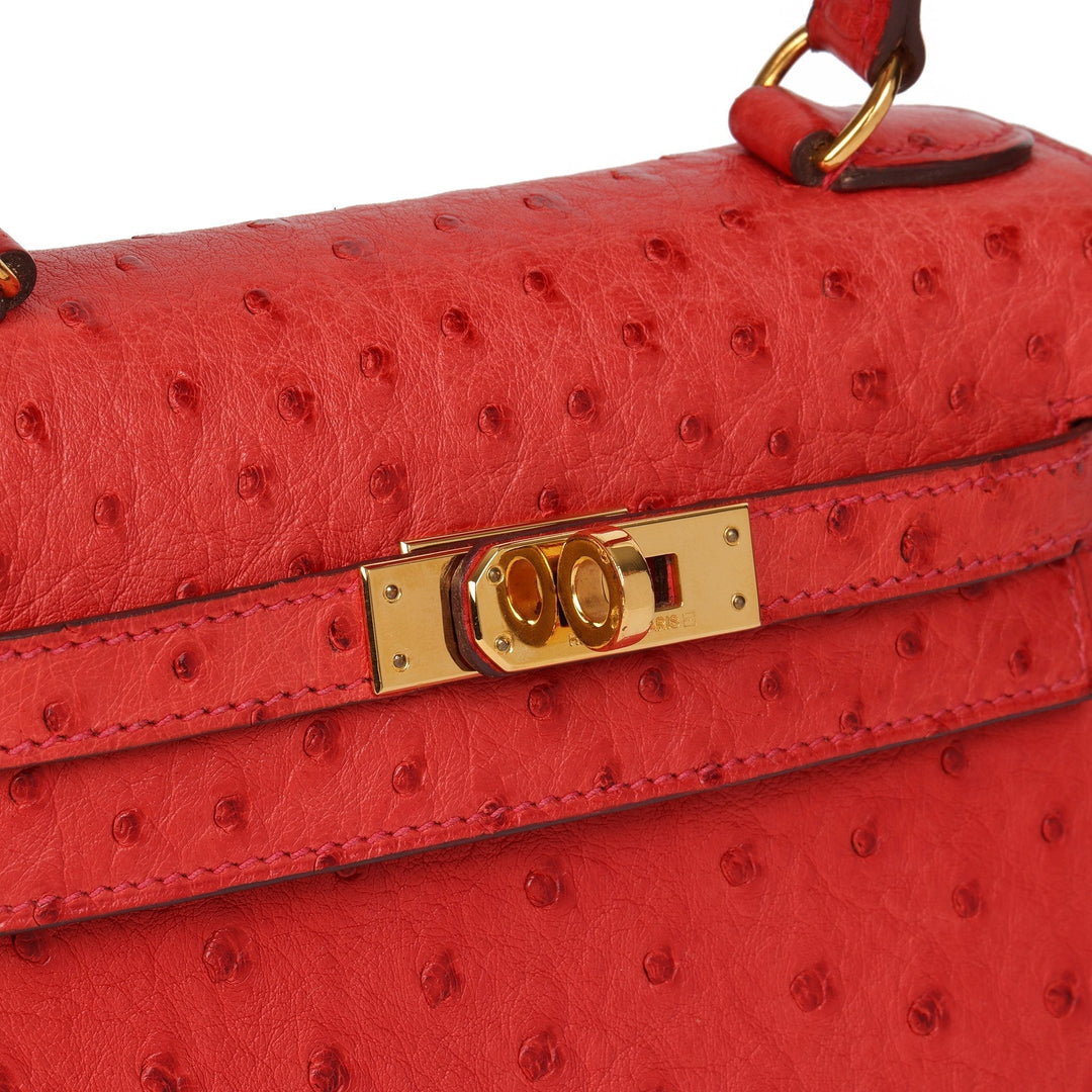 Top quality Hermes Rouge Vif Ostrich Leather Kelly 20cm Sellier Shoulder Bag