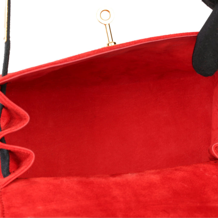 Top quality Hermes Rouge Vif & Black Veau Doblis Suede Vintage Kelly 20cm Sellier Shoulder Bag
