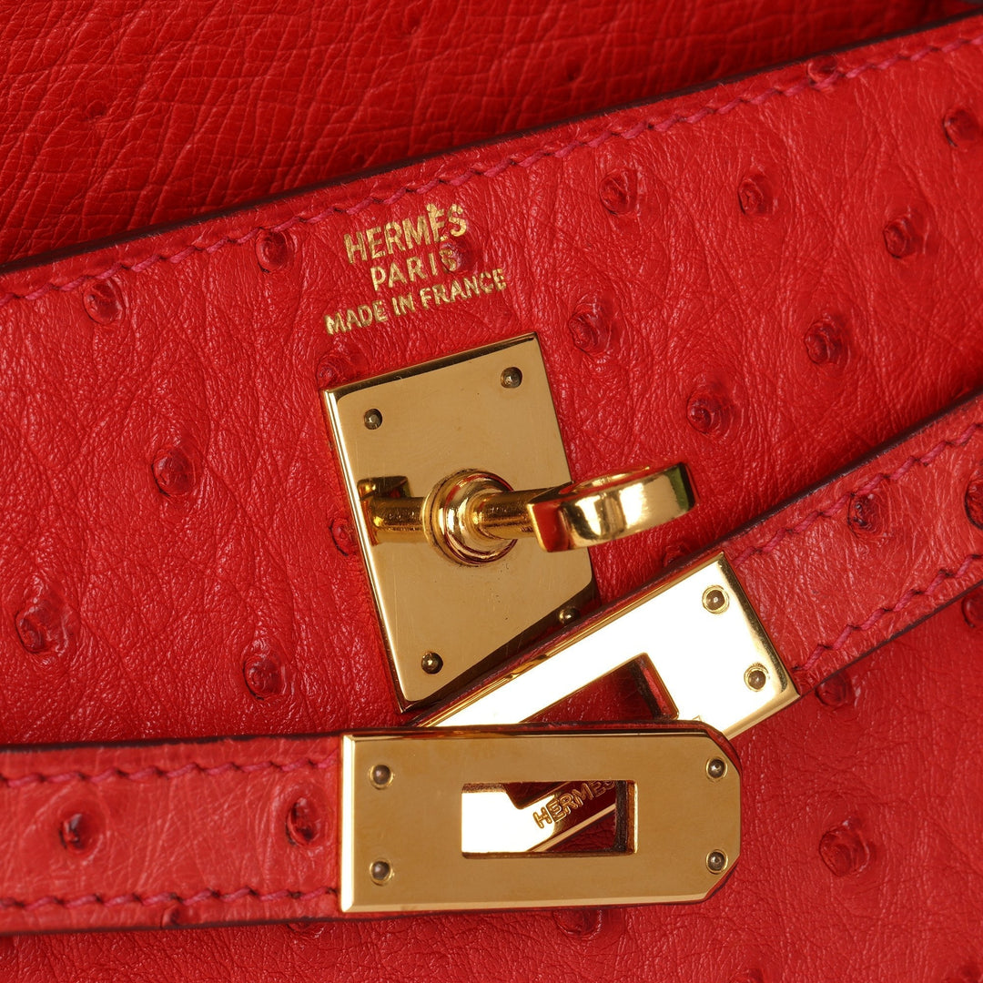 Top quality Hermes Rouge Vif Ostrich Leather Kelly 20cm Sellier Shoulder Bag
