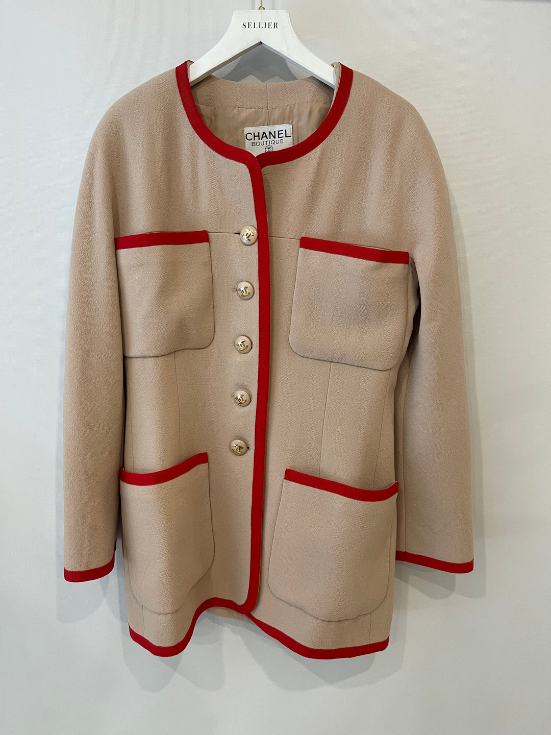 Top Quality Chanel Vintage Wool Beige and Red Jacket with Gold CC Button Details Size FR 38 (UK 10)