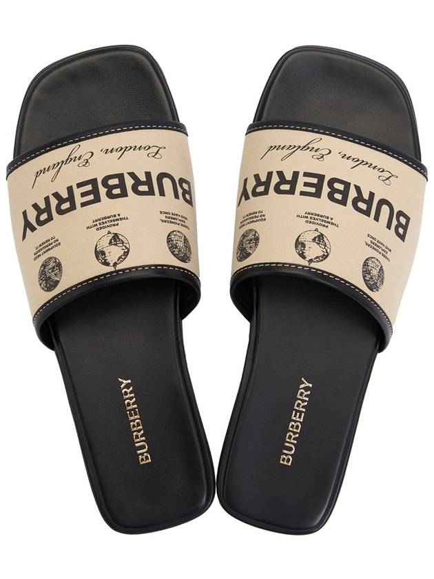 Burberry Label Print Gabardine Leather Slippers Beige