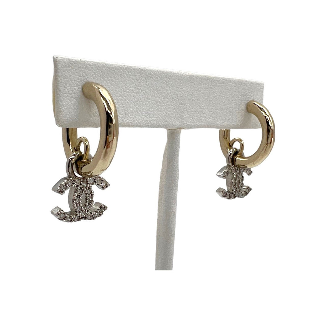 Top Quality Chanel  Interlocking CC Gold-tone & Crystal Studded Dangle Earrings