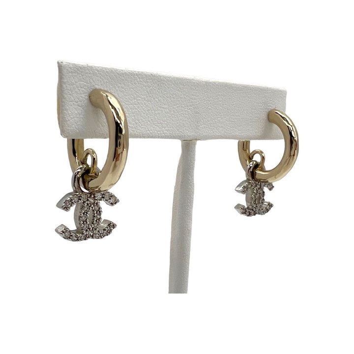 Top Quality Chanel  Interlocking CC Gold-tone & Crystal Studded Dangle Earrings