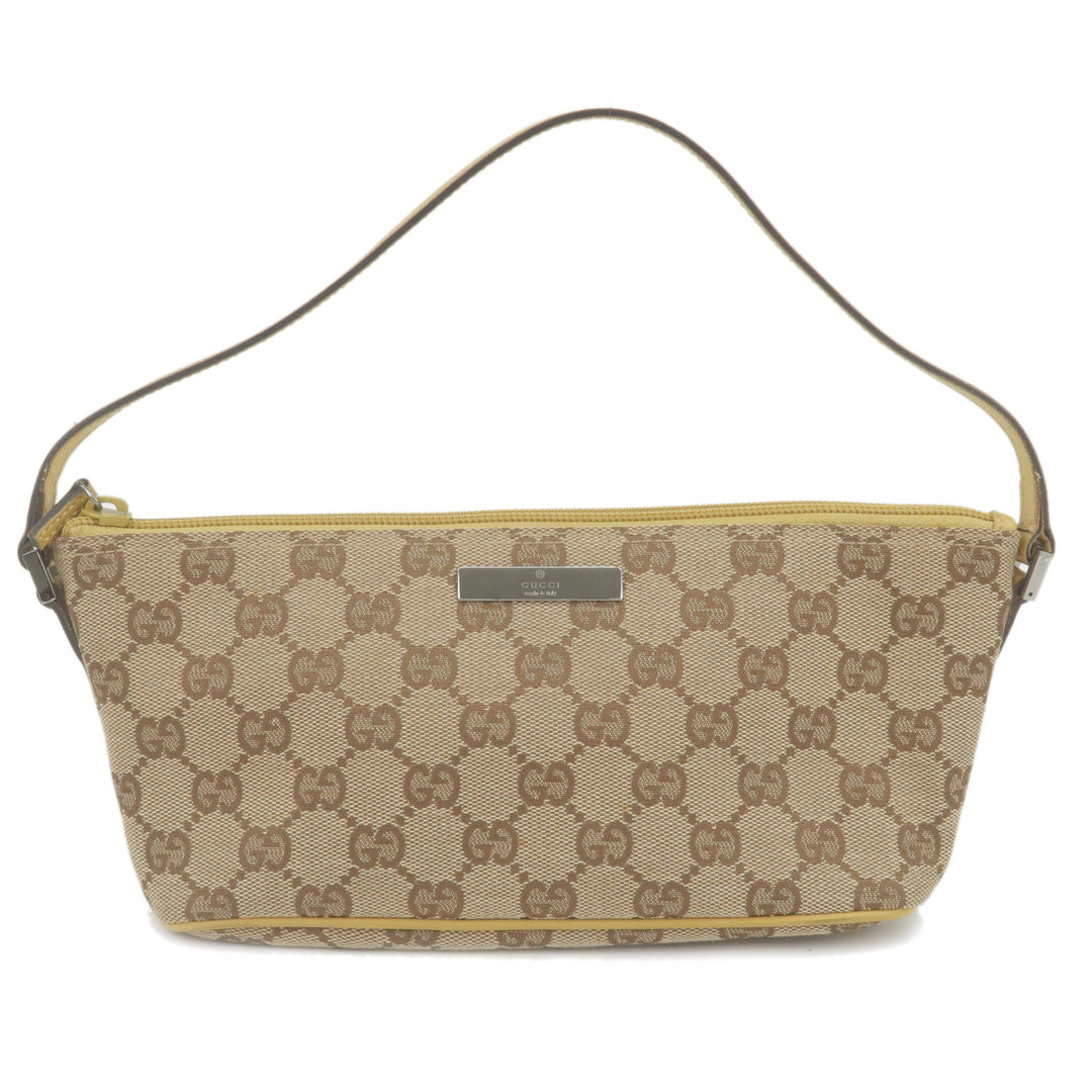 GUCCI GG Canvas Leather Pouch Boat Bag Brown Yellow 07198